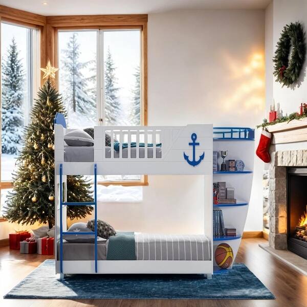 slide 2 of 10, Elegant Twin Over Twin Loft Bed with Boat Design, Built-In Ladder, Anchor & Sailing Elements and Integrated Storage Shelves Blue