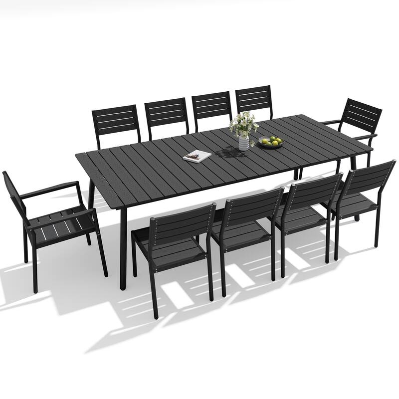 11-Piece Outdoor Patio Dining Set Wood-Like Table Top Alumium Umbrella Hole Table with Stackable Chairs