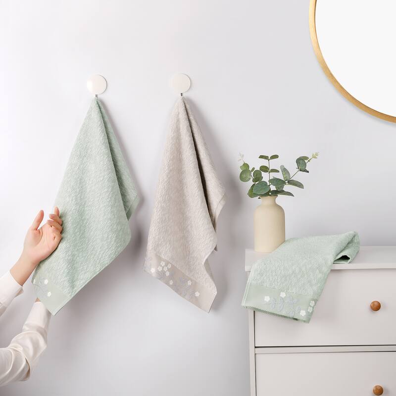 Floral Embroidered Hand Towels, Pure Cotton Soft Absorbent Towel Set for Bath, Kitchen, Spa, Gym, Home Decor - Grey - 14" x 28"-2 Pack
