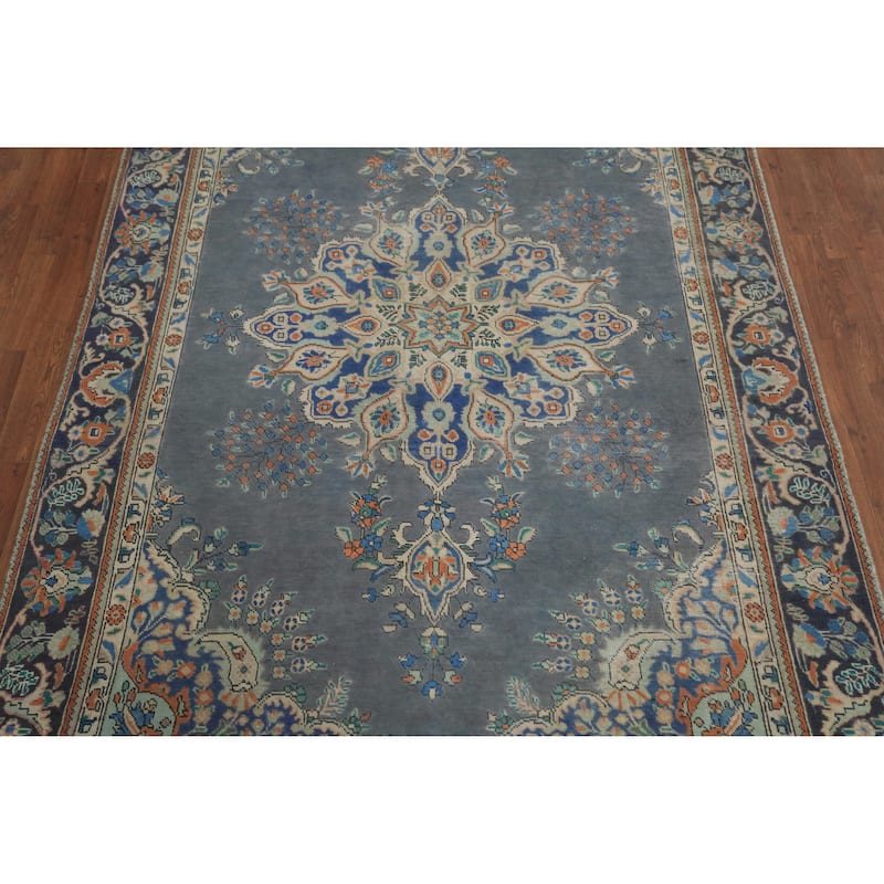 Slate Blue Tabriz Persian Vintage Area Rug Hand-Knotted Wool Carpet - 6'2" x 9'5"