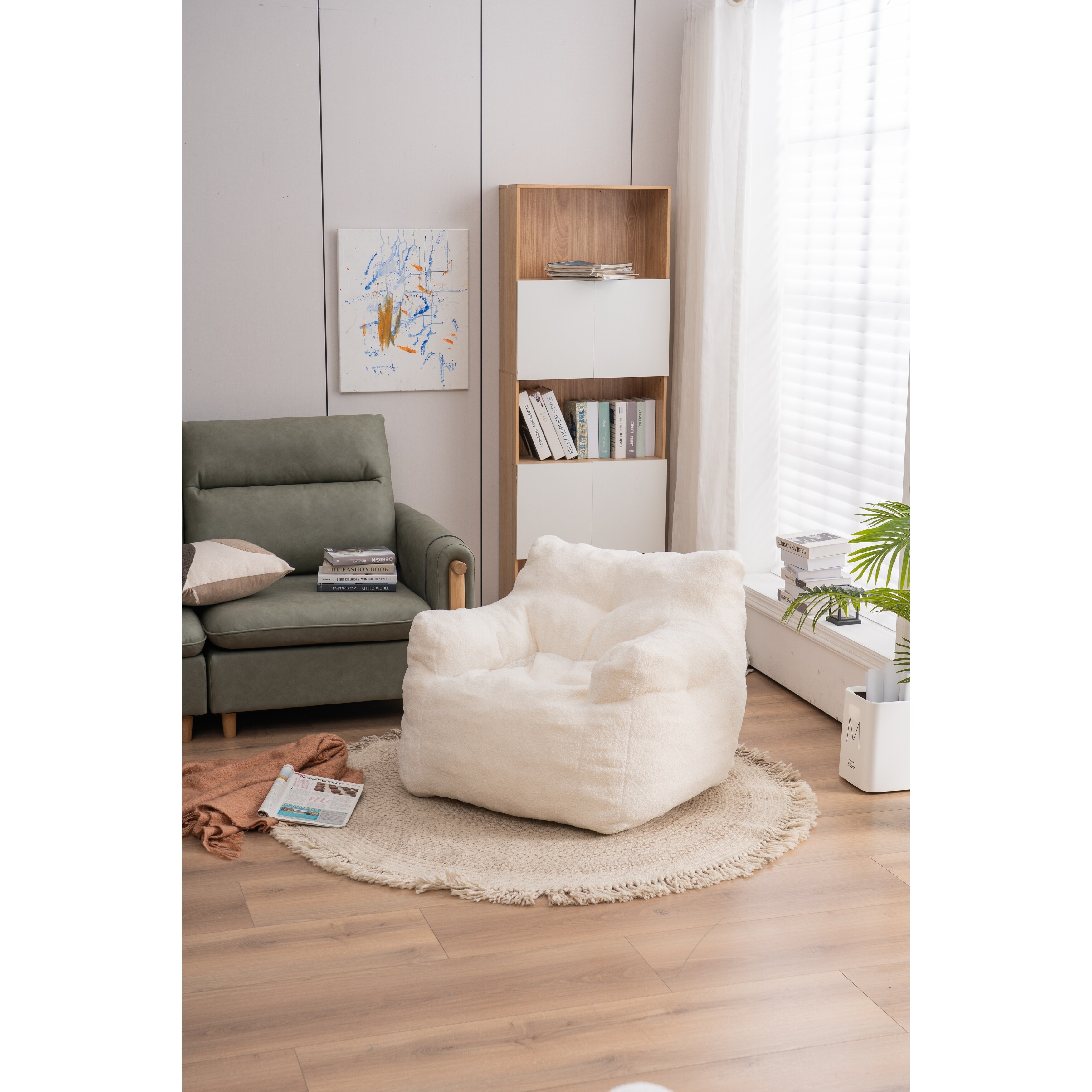 Soft Tufted Foam Bean Bag Chair Lounge Chairs Teddy Fabric Ivory