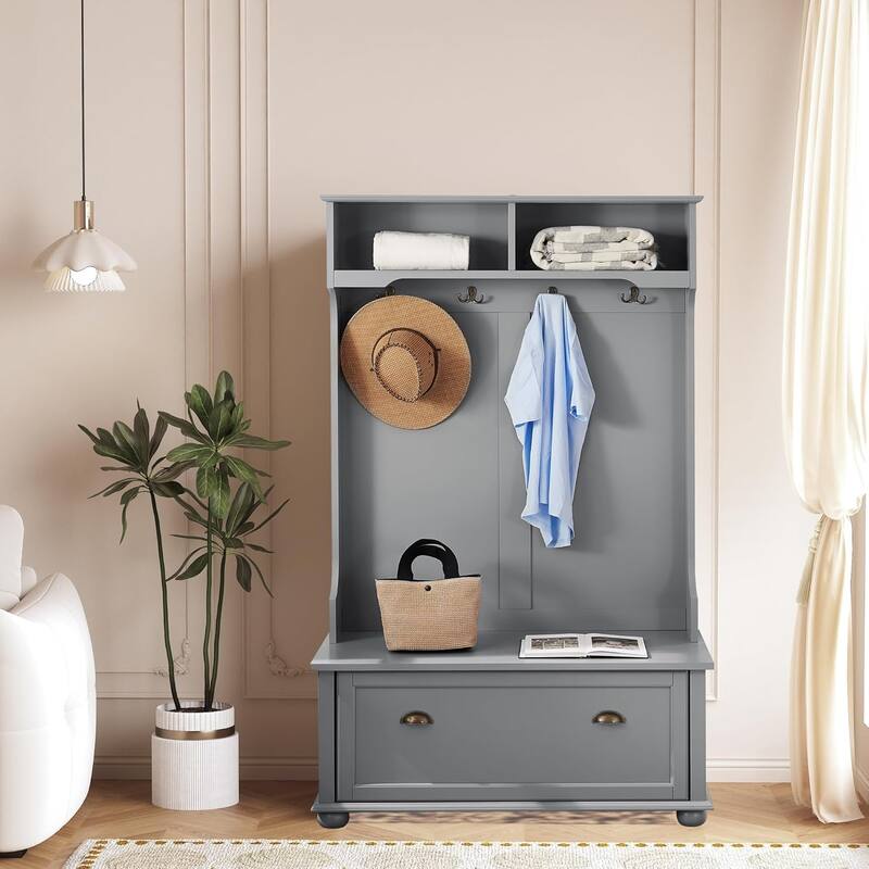Roomfitters Classic Coastal Style Hall Tree Entryway Bench with Open Shelves, Shoe Cabinets, Solid Wood Feet - Gray
