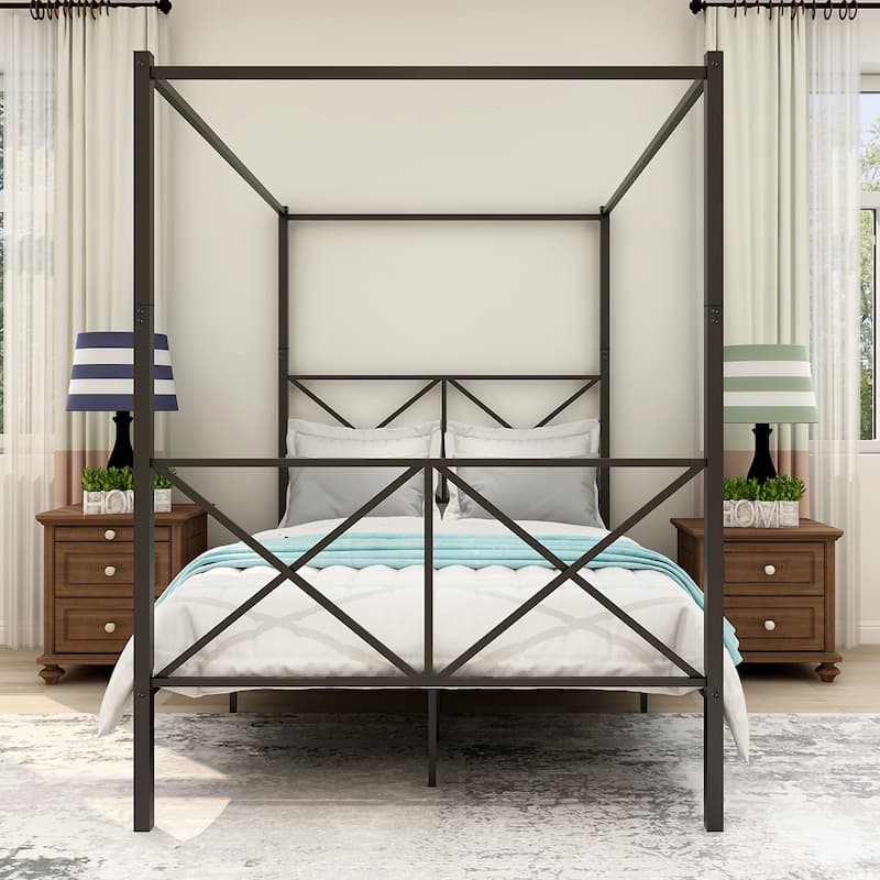 Metal Canopy Bed Frame, Platform Bed Frame with X Shaped Frame