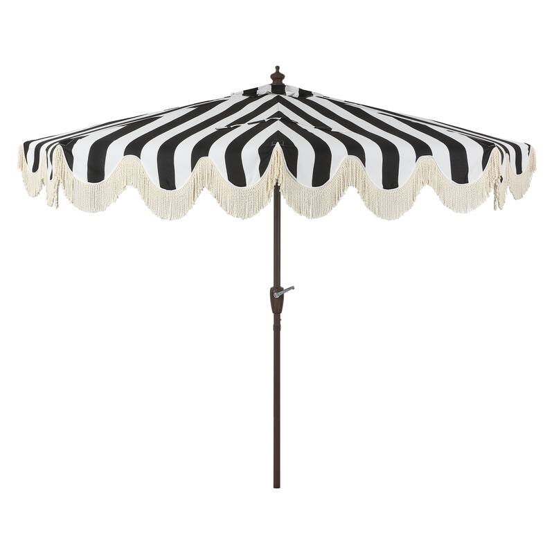 9ft Half Market Umbrella, Scalloped, Crank, Tilt, UV, by JONATHAN Y - Black/White/White