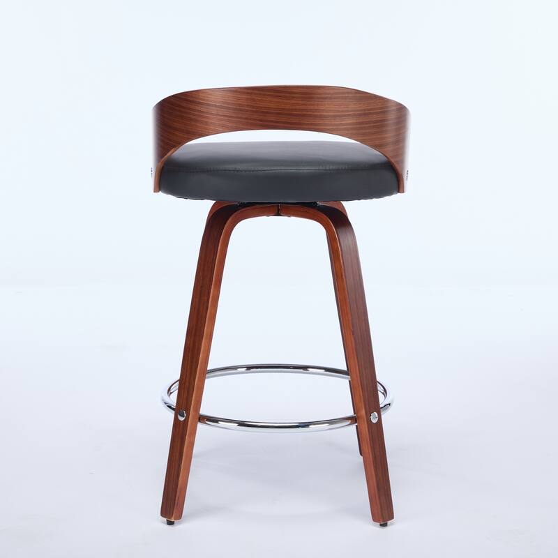 Low Back Swivel Barstools Set of 2, 25" Seat Height Upholstered Bar Chairs with Footrest, Walnut Wood Frame Bar Stools, Black PU
