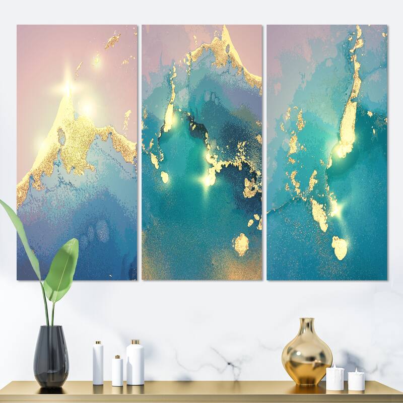 Designart 'Ocean Marble Liquid Art I' Glam Art Set of 3 Pieces - 36 in. wide x 28 in. high - 3 Panels