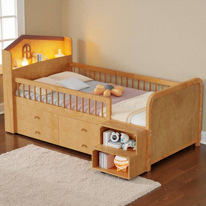 Twin Size Low Loft Bed with LED Light, Wooden Kids Loft Bed with Storage Drawers and House Headboard