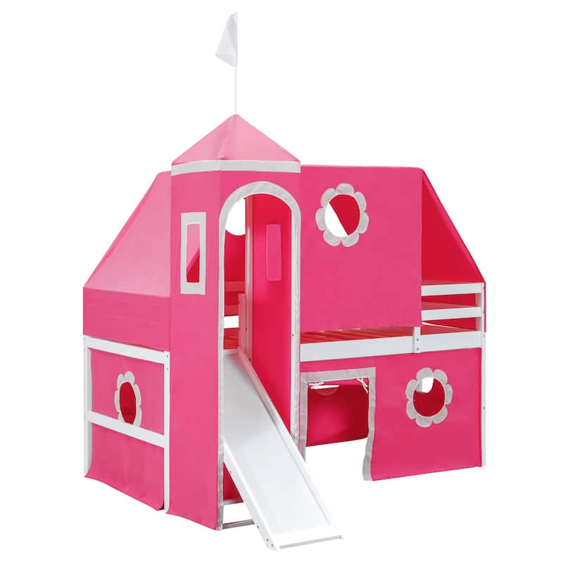 Roomfitters Twin Size Loft Bed with Slide, Tent and Tower, Pink