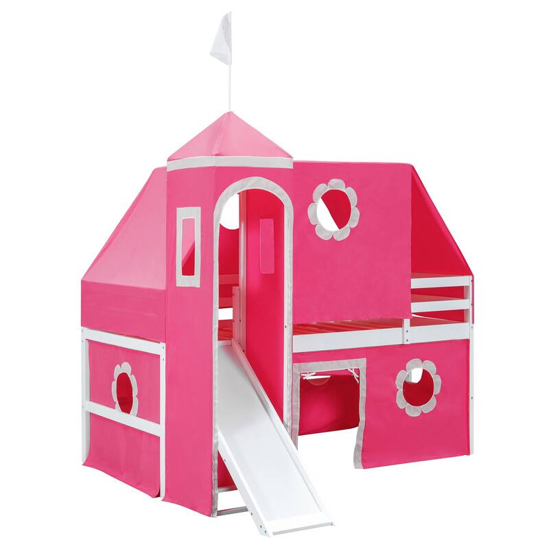 Twin Size Loft Bed with Slide Pink Tent and Tower - Pink(OLD SKU:WF532005AAH)