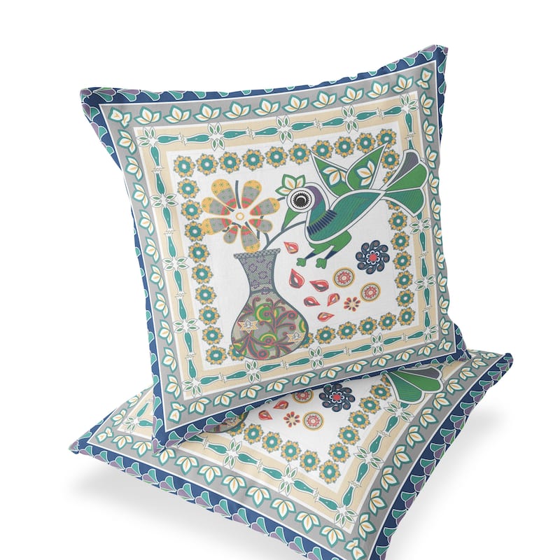 HomeRoots Set of Two 16" X 16" Green and Yellow Peacock Blown Seam Floral Indoor Outdoor Throw Pillow - 16.00' X '16.00' X '5.00