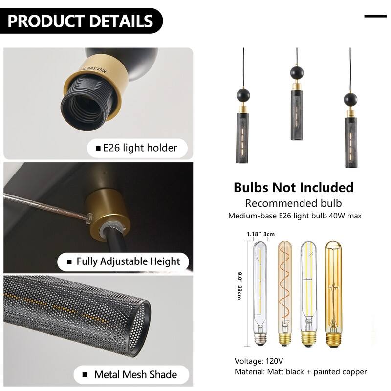 Modern Black and Gold 3-Light Pendant Chandelier, Adjustable Hanging Lights with Cylindrical Mesh Shades, E26 Base, Dining Room