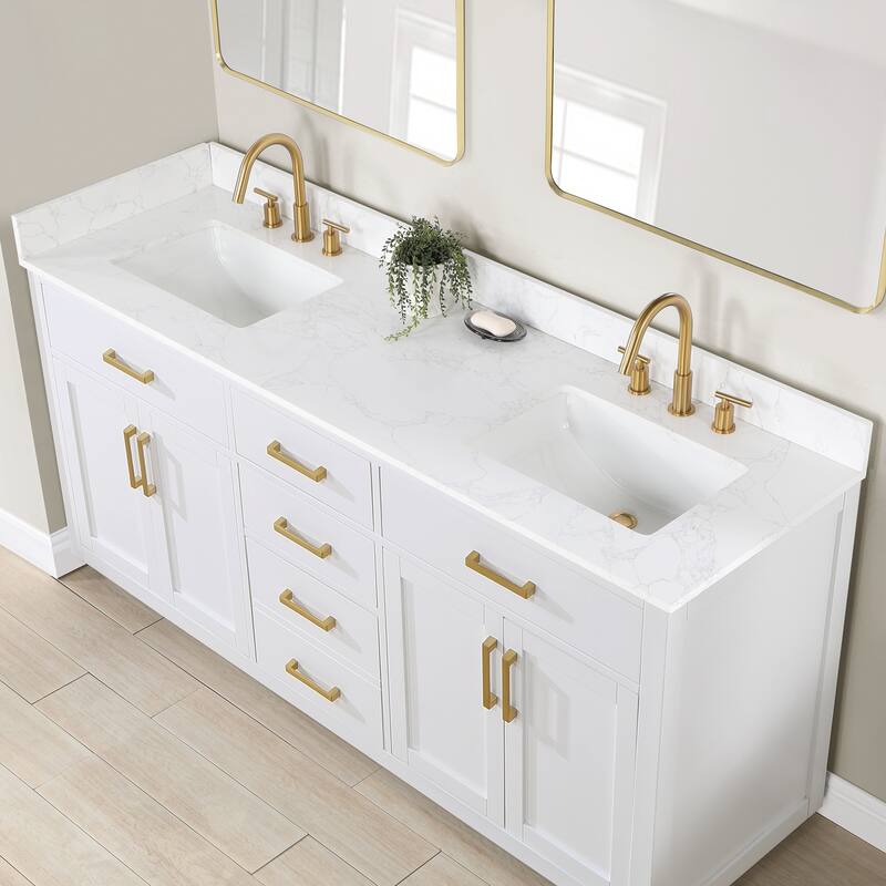 Altair Gavino Bath Vanity with Grain White Composite Stone Top and Mirror - 72 inch - White+Brushed Gold