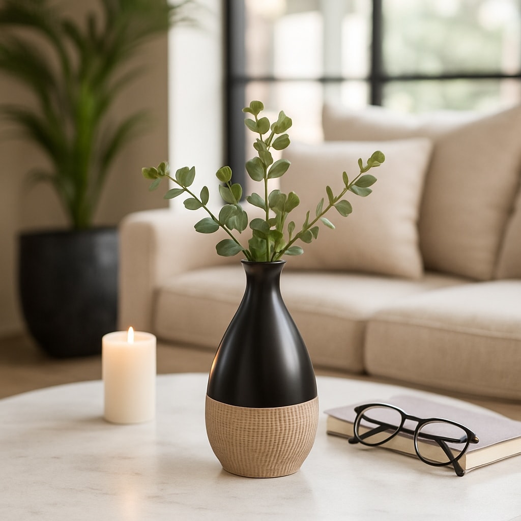 Decorative Vase - Black/Brown Ceramic 2-Tone Teardrop, 7 in.