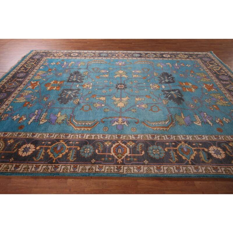 Blue Oushak Oriental Area Rug Handmade Wool Carpet - 8'11" X 11'8"