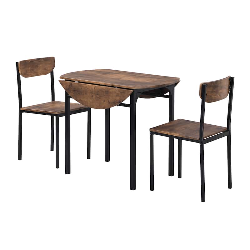 Roomfitters Modern 3-Piece Round Dining Table Set with Dual Drop Leaf and 2 Chairs for Small Spaces, Rustic Brown & Black