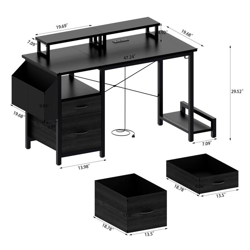 47.3" Computer Desk w/Power Outlet,Monitor Stands,Shelves,Office Desk