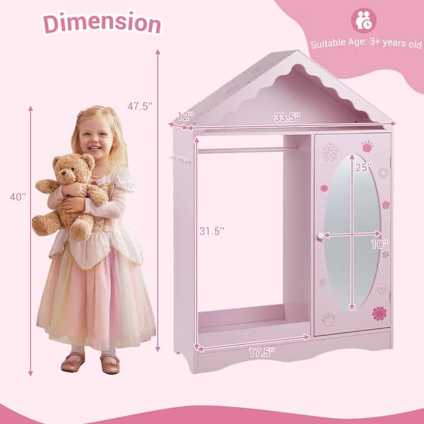 dimension image slide 1 of 2, Gymax Kids Dress Up Storage w/ Mirror Roofed Wardrobe Closet w/ Open