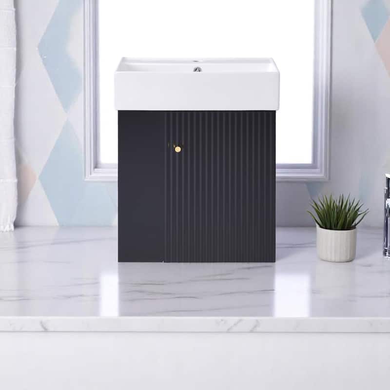 21.6" Wall-Mounted Bathroom Vanity with Ceramic Sink, Soft-Close Door, Left Storage, Modern Design