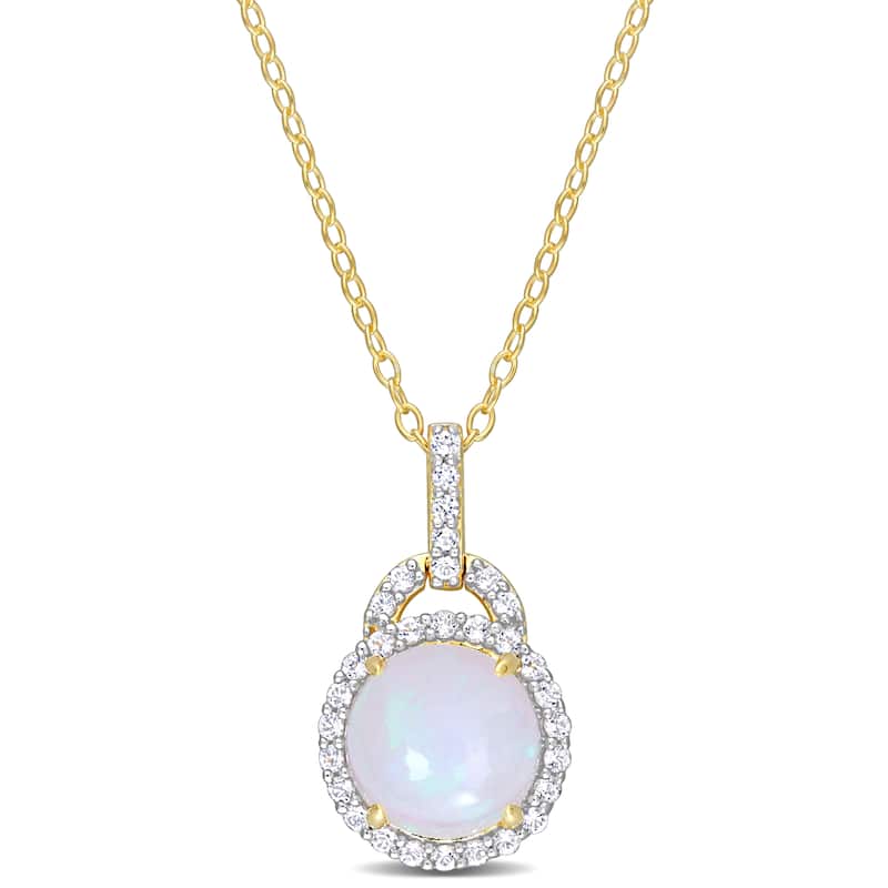 Miadora 3 1/4ct TGW Blue Ethiolian Opal White Topaz Halo Necklace Yellow Silver