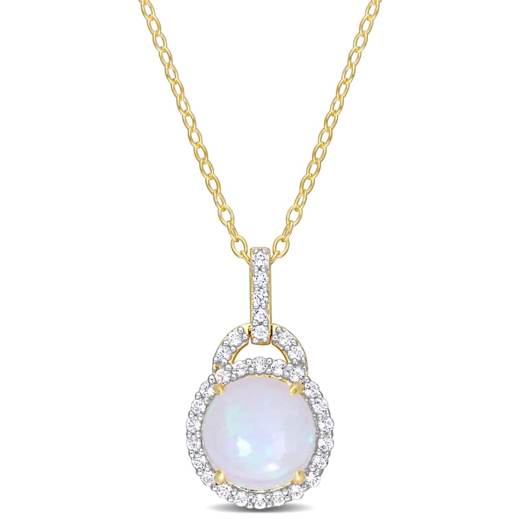 Miadora 3 1/4ct TGW Blue Ethiolian Opal White Topaz Halo Necklace Yellow Silver