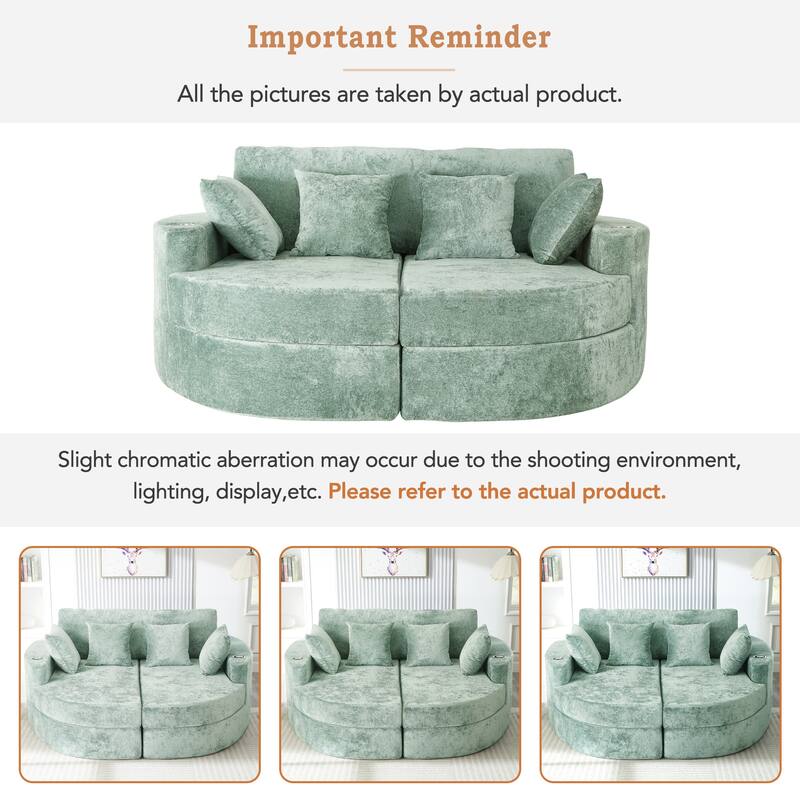 Curved Chaise Lounge Sofa for Living Room, Upholstered Sleeper Sofa Bed Boneless Couch with Cup Holders