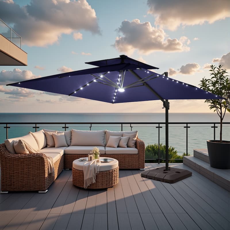 Outdoor Solar Powered LED Double Top Patio Cantilever Umbrella with Base Stand