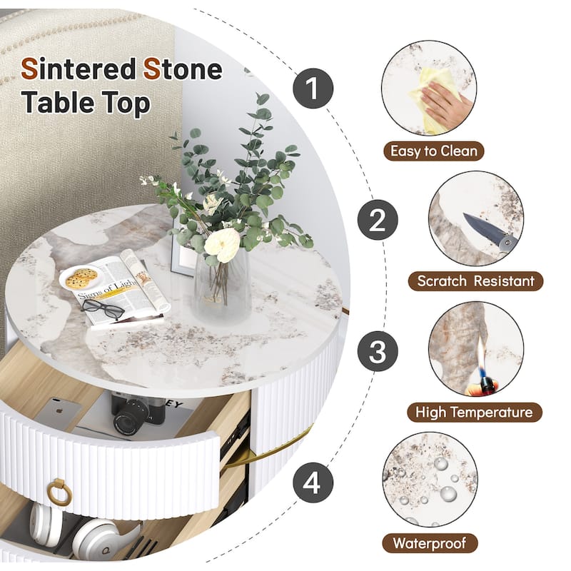 Myhozm Round End Table with Storage, Barrel-Shaped Nightstand for Living Room, Bedroom