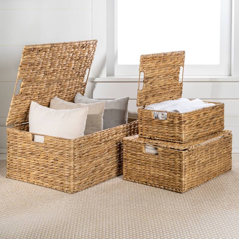 Woven Rectangular Storage Baskets with Lids & Handles (Set of 3) - Natural