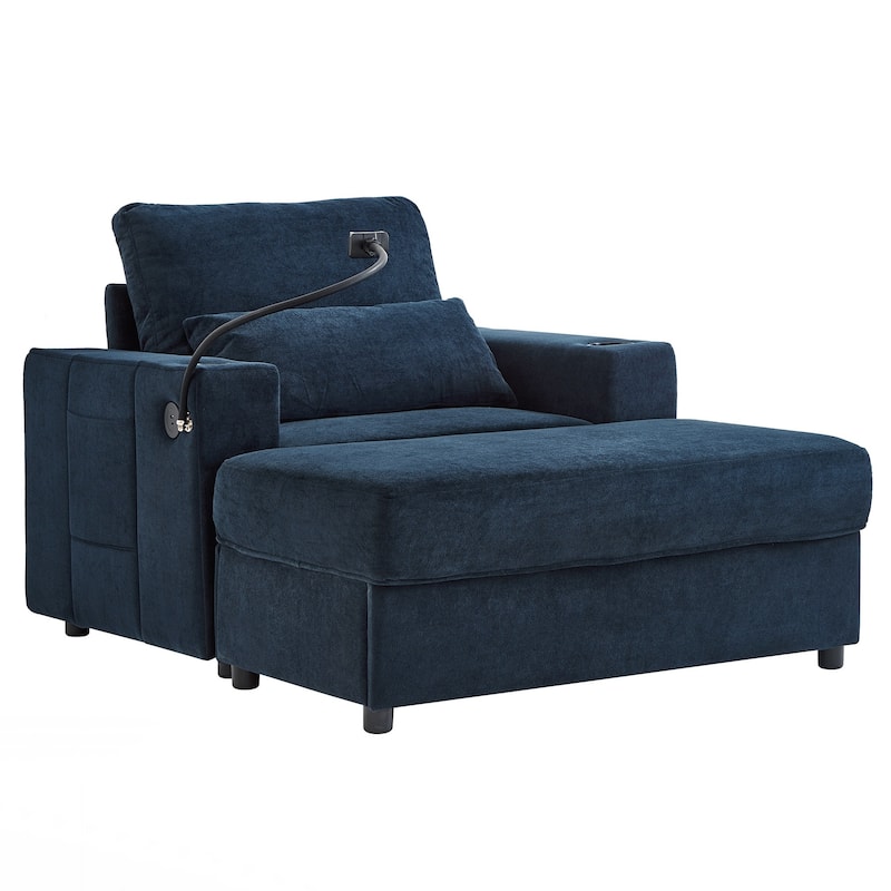 Modern Style Armchair 42.5" Chaise Lounge Sofa Couch with a Movable Storage Ottoman, Two USB Ports, Two Cup Holders