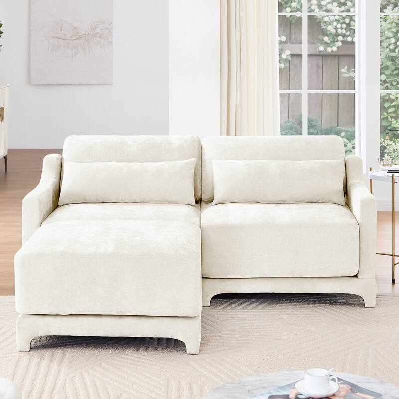 Modern Chenille 4-Seater Sofa with 2 Ottoman, Lumbar Cushions, Ergonomic Backrest, High-Resilience Spongeand Tufted Armrests