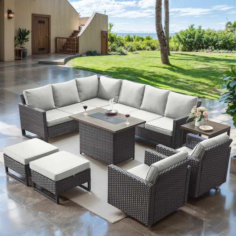 Wicker Sofa Glider Chair Set with Fire Pit Table- Beige cushion - Brown - Beige - Brown