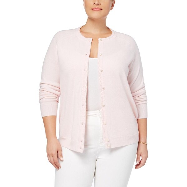Karen Scott Womens Plus Ribbed Trim Long Sleeves Cardigan Sweater