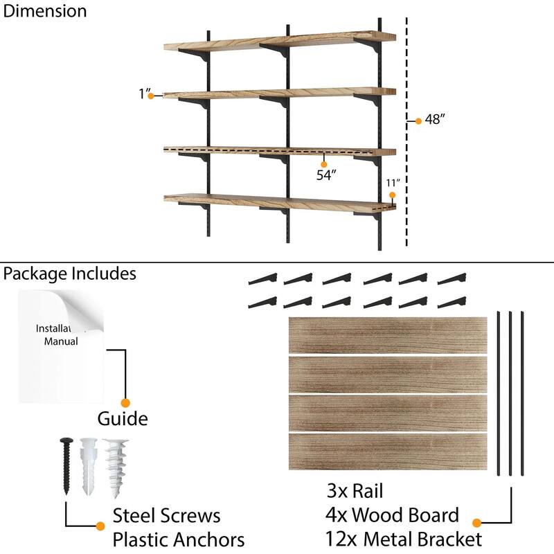 Wallniture Turin 54" Adjustable Shelf, Floating Bookshelf for Room Decor, Wall Shelf Unit for Living Room, Rustic, Tier Options