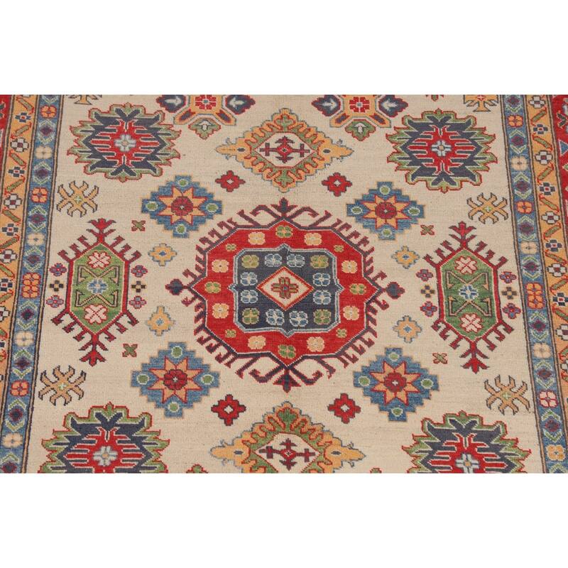 Geometric Kazak Area Rug Hand-Knotted Beige / Ivory Wool Carpet - 6'5" x 9'8"