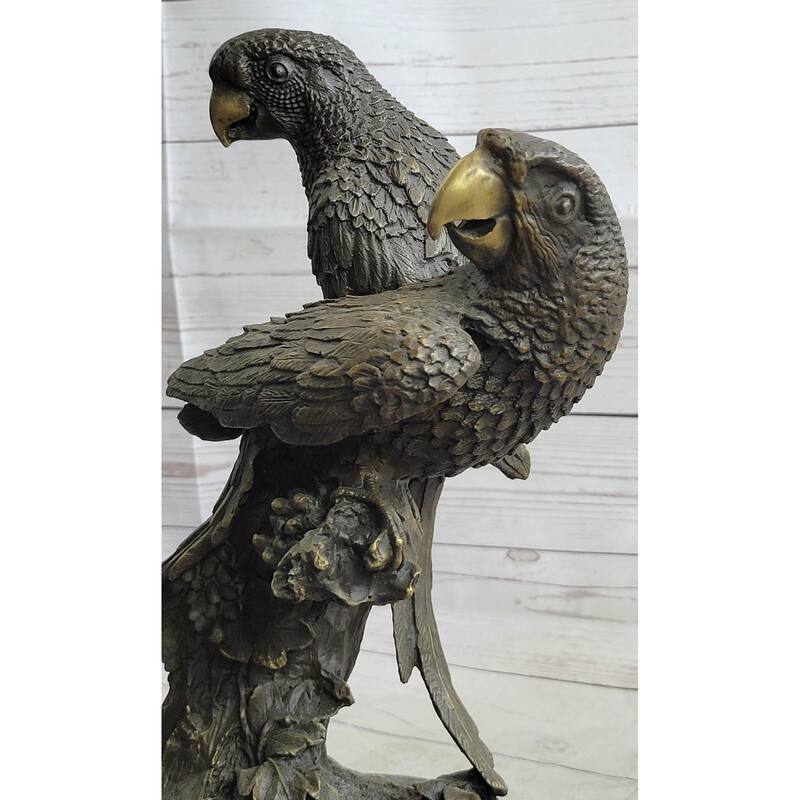 Pair Of Parrots Birds Bronze Sculpture Statue Figure On Marble Base Signed Milo