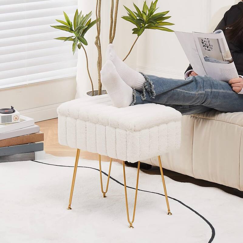 Faux Mink Fur Ottoman with Metal Legs for Seating and Decor