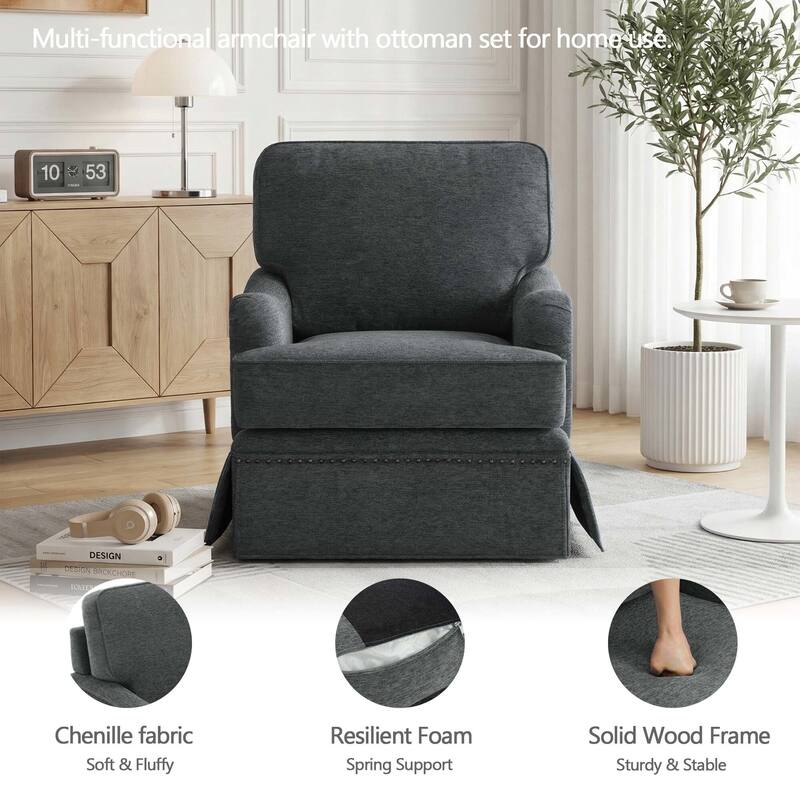 Modern Chenille Swivel Armchair and Storage Ottoman