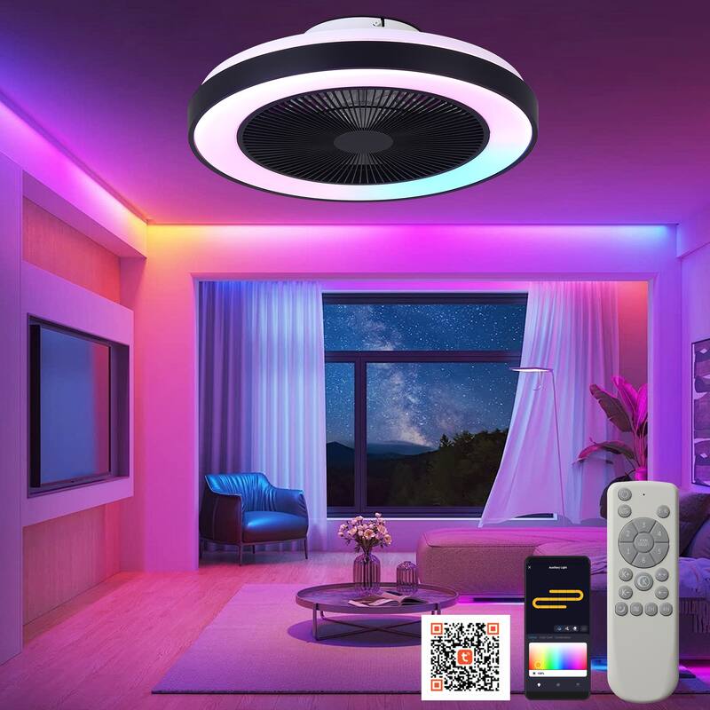 Cusp Barn 19" Modern Low Profile Flush Mount Ceiling Fans with Lights, Smart RGB Ceiling Fan with Alexa/Tuya APP/Voice Control