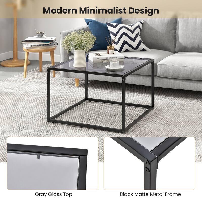 Gymax Glass Coffee Table 27.5 Inch Modern Square Metal Frame Living