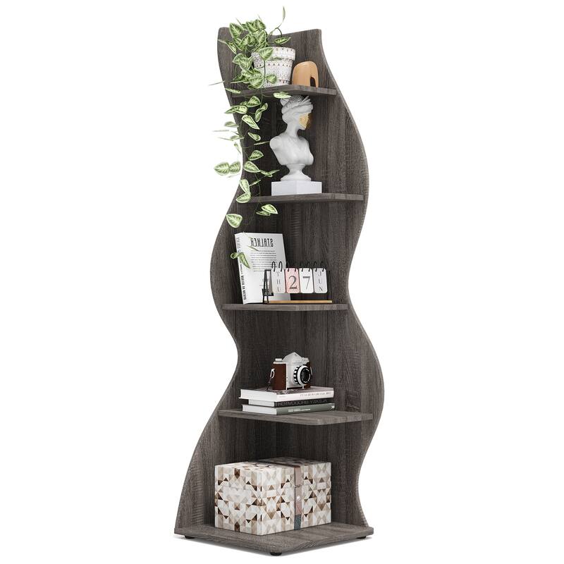 Modern Wood Corner Shelf, 5-Tier Bookshelf Bookcase for Living Room - 1PC - Grey