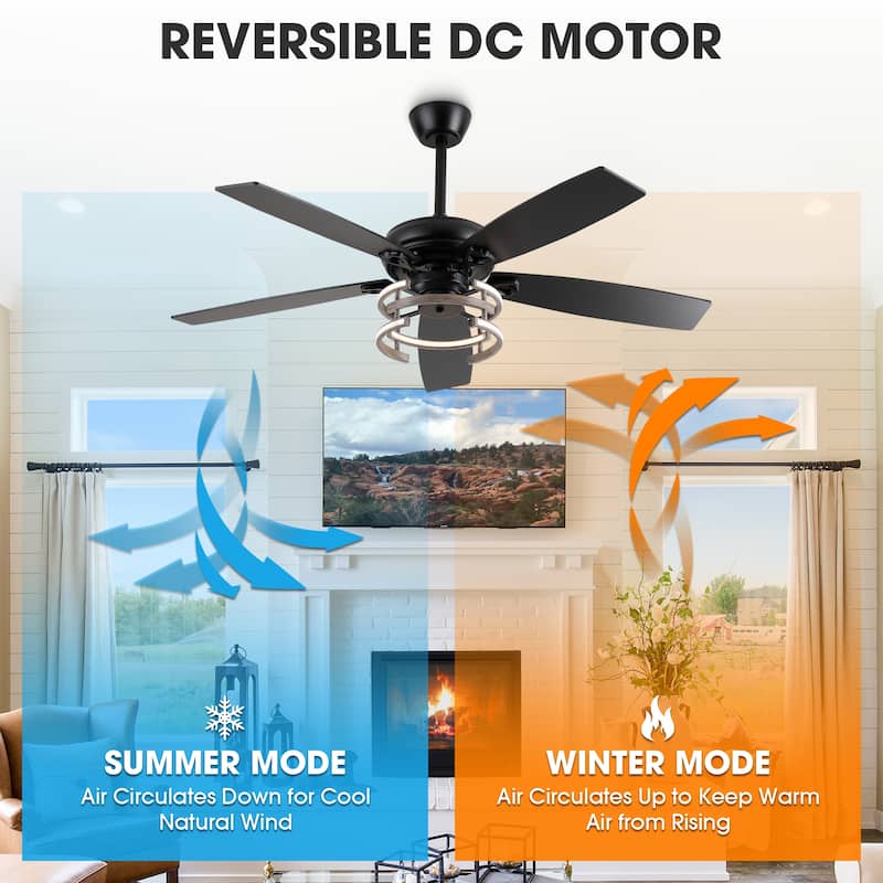 52" Farmhouse Matte Black Reversible Integrated LED Dimmable Reversible Ceiling Fan with Light and Remote