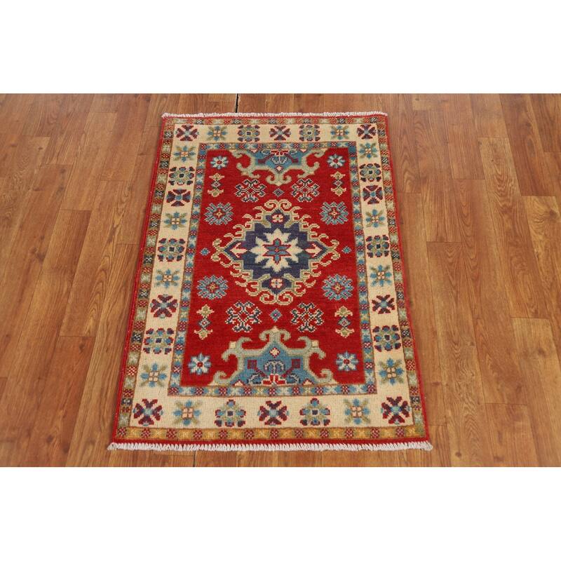 Red Geometric Kazak Foyer Rug Hand-Knotted Traditional Wool Carpet - 2'0" x 3'0"