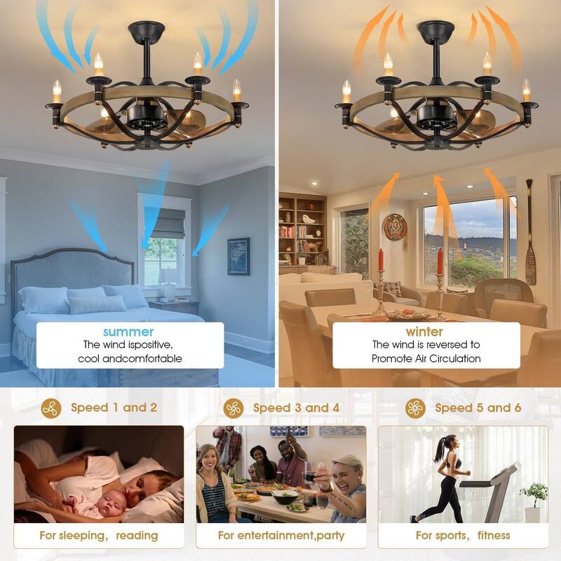 23"/32" Modern Chandelier LED Ceiling Fan with Remote,Wood Grain Caged Fandelier
