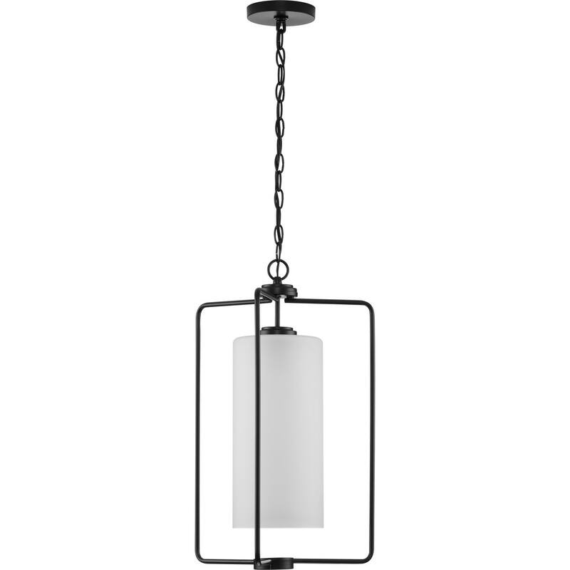 Merry Collection One-Light Matte Black and Etched Glass Transitional Style Foyer Pendant Light - 15 in x 15 in x 23 in