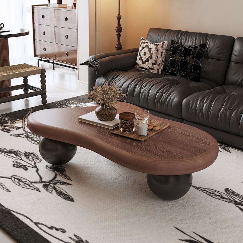 47 Inch Cloud Shaped Coffee Table with 3 Ball Legs for Living Room, Walnut Top Black Legs - Black + Dark Walnut