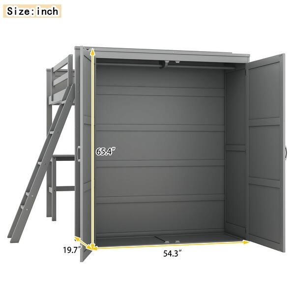 dimension image slide 2 of 3, Solid Pine Loft Bed with Desk, Shelves, Wardrobe, and Guardrails