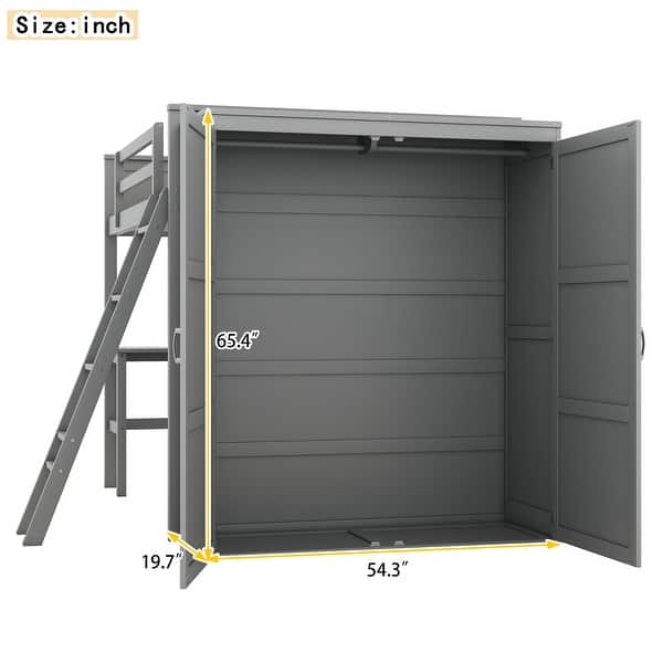 dimension image slide 4 of 6, Twin/Full Size Loft Bed with Desk(U-Shaped) & Storage Shelves & Wardrobe for Kids/Teen/Adults, Wood Bedframe w/Safety Guardrails