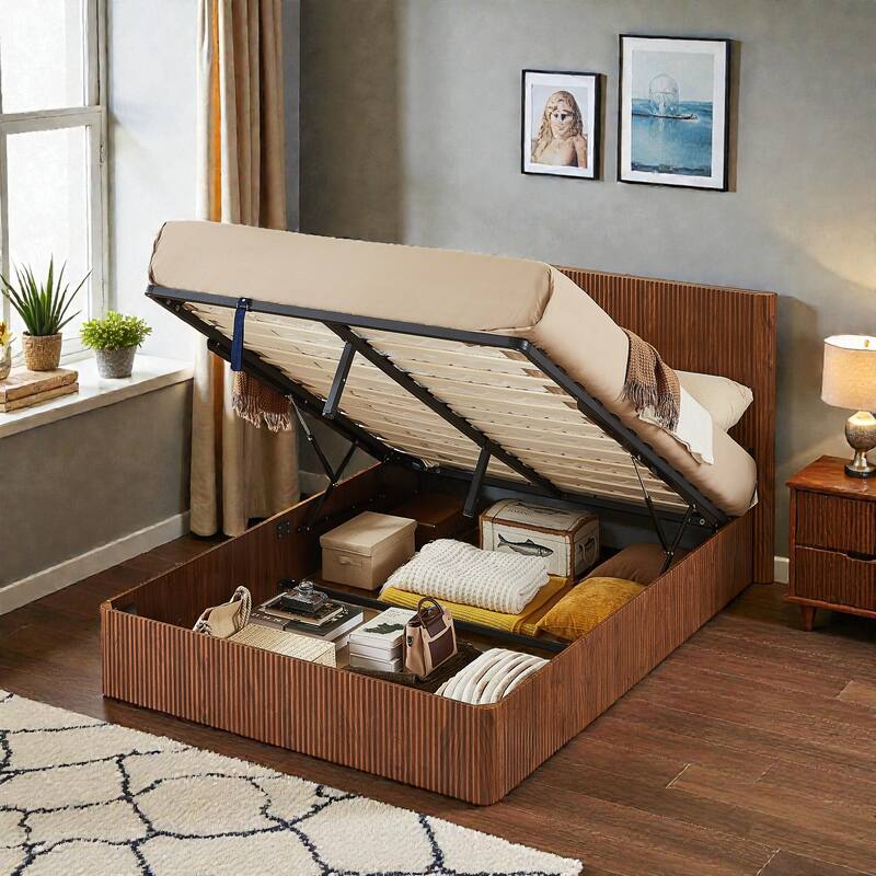 Lift Up Storage Platform Bed with Hydraulic Mechanism, Curved Corrugated Wooden Panels, No Box Spring Required