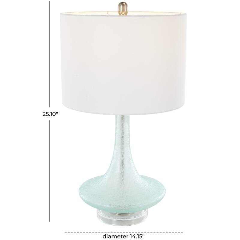 Teal Glass Textured Frosted Round Room Table Lamp with White Drum Shade and Silver Base