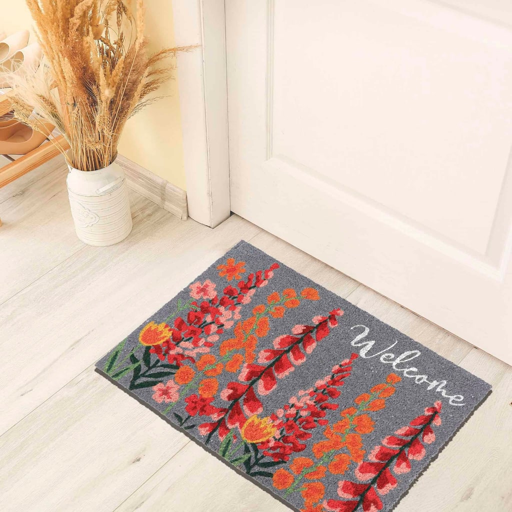 Floral Welcome Door mat - Heavy-Duty Coir and Rubber Mat, 30" x 18" - 30 L X 18 W x 6/8 H